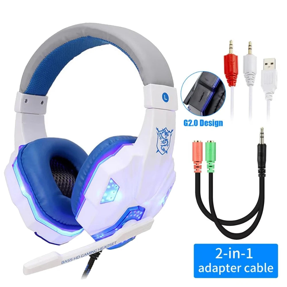 Gaming headset with RGB lighting and 2-in-1 adapter cable on a white background
