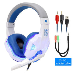 White and blue gaming headset with LED lights, 2-in-1 adapter cable on a white background