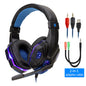 Gaming headset with LED lights, 2-in-1 adapter cable, and connectors on a white background