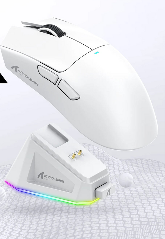 Attack Shark X11 mouse with charging dock on a white background