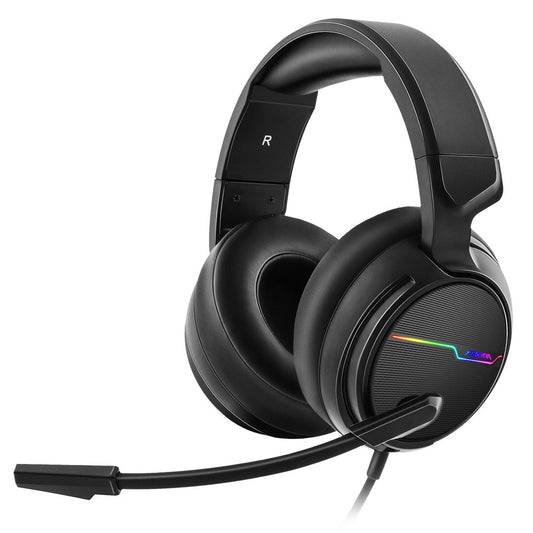 Black gaming headset with RGB lighting on a white background