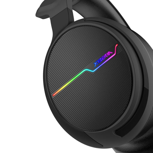 Black gaming headset with RGB lighting on a white background