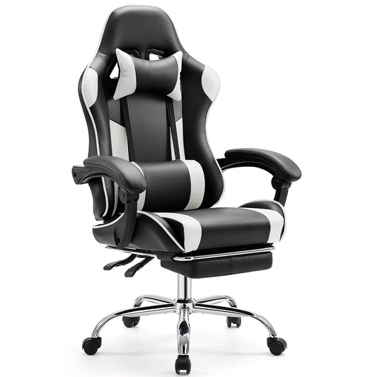 Black and white office chair with ergonomic design on a white background