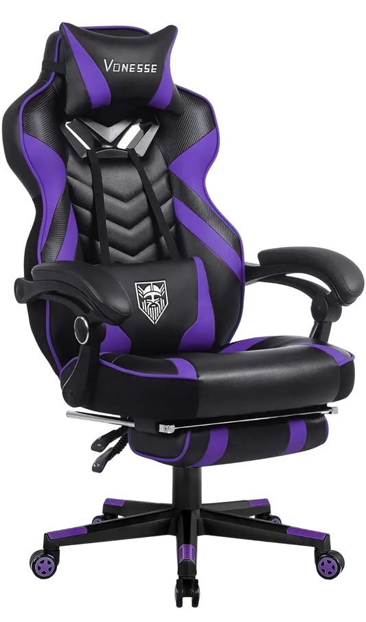 Black and purple gaming chair with 'Vennesse' branding on a white background